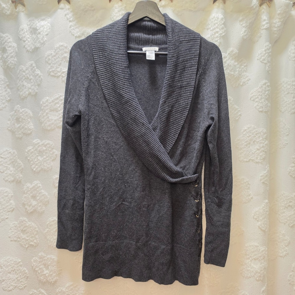 Vintage Cache Gray Shawl Collar Wrap Sweater Lace Up Side Gold Trim Large